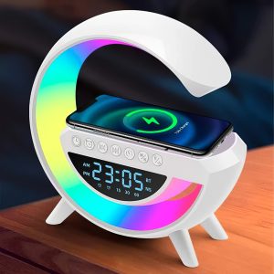 Lampara veladora LED RGB recargable con parlante/reloj alarma/cargador QI